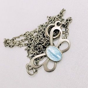 Blue Enamel Butterfly Necklace With Religious Figure